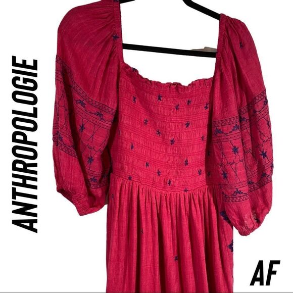 ANTHROPOLOGIE BONNIE SMOCKED MIDI DRESS NEW MAGENTA COMBO MEDIUM - Picture 9 of 16